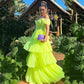 Sexy Off Shoulder Prom Dress Elegant Fluorescent Green A-line فساتين السهرة Grace Multilayer Maxi Vestidos De Noche