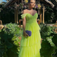 Sexy Off Shoulder Prom Dress Elegant Fluorescent Green A-line فساتين السهرة Grace Multilayer Maxi Vestidos De Noche