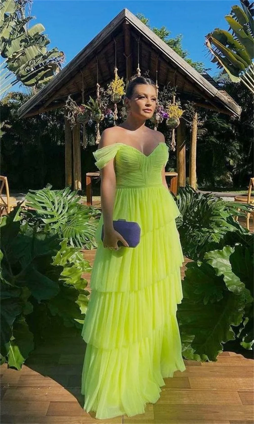 Sexy Off Shoulder Prom Dress Elegant Fluorescent Green A-line فساتين السهرة Grace Multilayer Maxi Vestidos De Noche