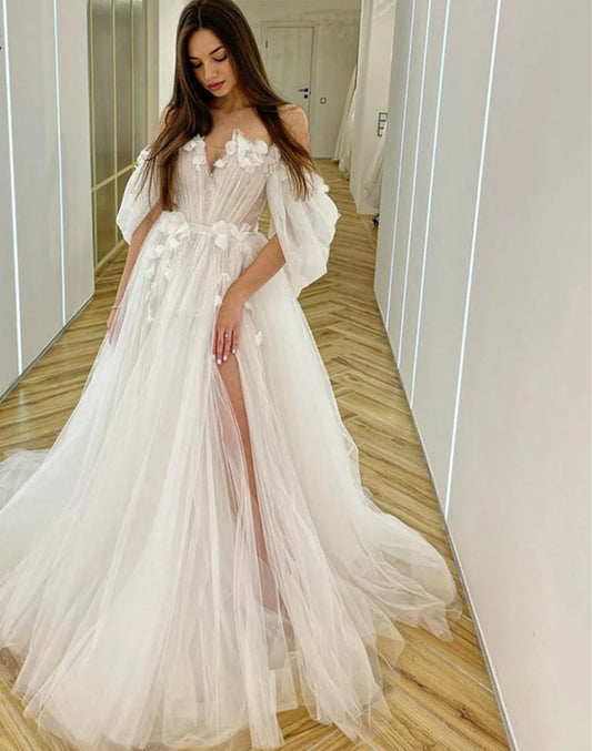 Wedding Dresses Fairy Sweetheart Neck Boho Bride Dresses 3D Flowers Puff Sleeve Elegant Wedding Gowns suknia ślubna Bridal Gown