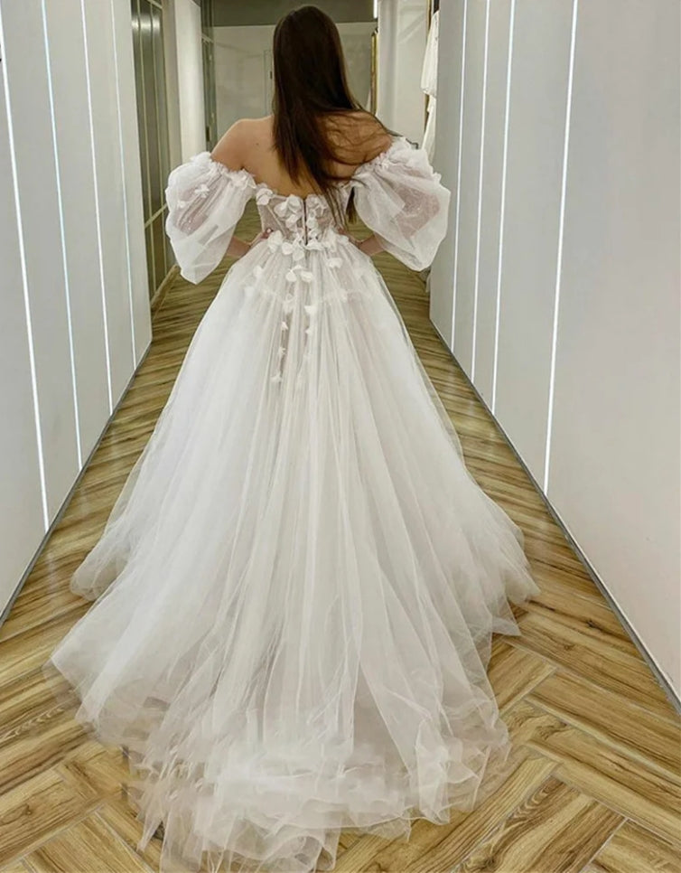 Wedding Dresses Fairy Sweetheart Neck Boho Bride Dresses 3D Flowers Puff Sleeve Elegant Wedding Gowns suknia ślubna Bridal Gown