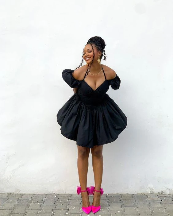 Sexy A line Off The Shoulder Short Sleeves Black Short Homecoming Dress