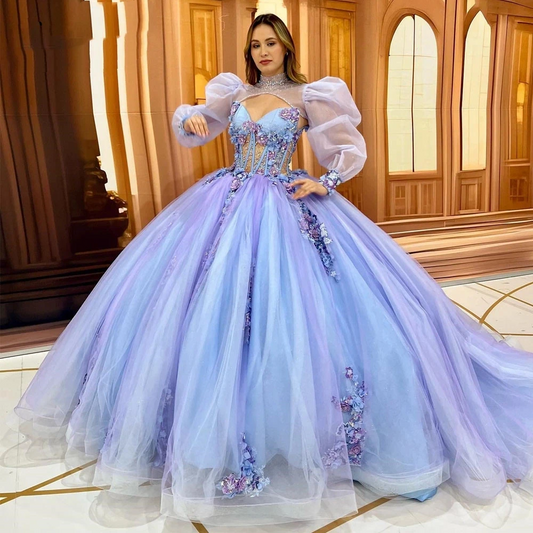 Luxury Light Blue and Lilac Quinceanera Dress With Jacket Beading Flower Formal Party Princess Vestidos De 15 Anos