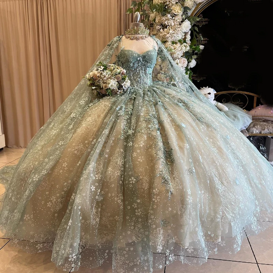 2024 Shiny Quinceanera Dresses With Cape Ball Gown Sweetheart Lace Beading Tulle Lace-Up Backless Party Princess Sweet 16 Dress