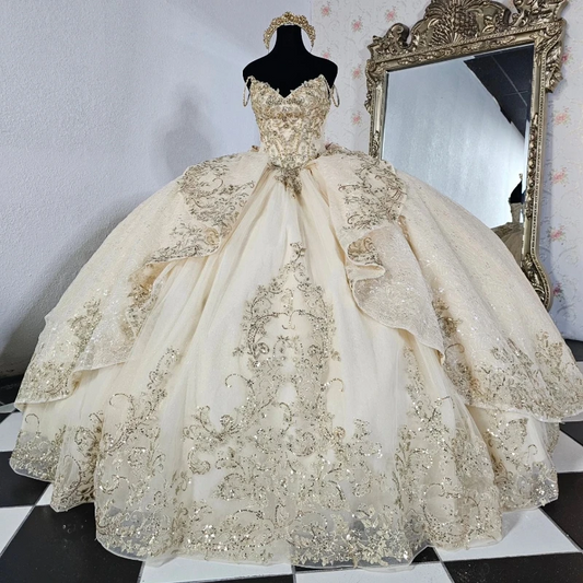 Light Champagne Quinceanera Dresses Off the Shoulder Lace Applique Tulle Ball Gown Birthday Party Sweet 16 Vestidos De 15 Anos