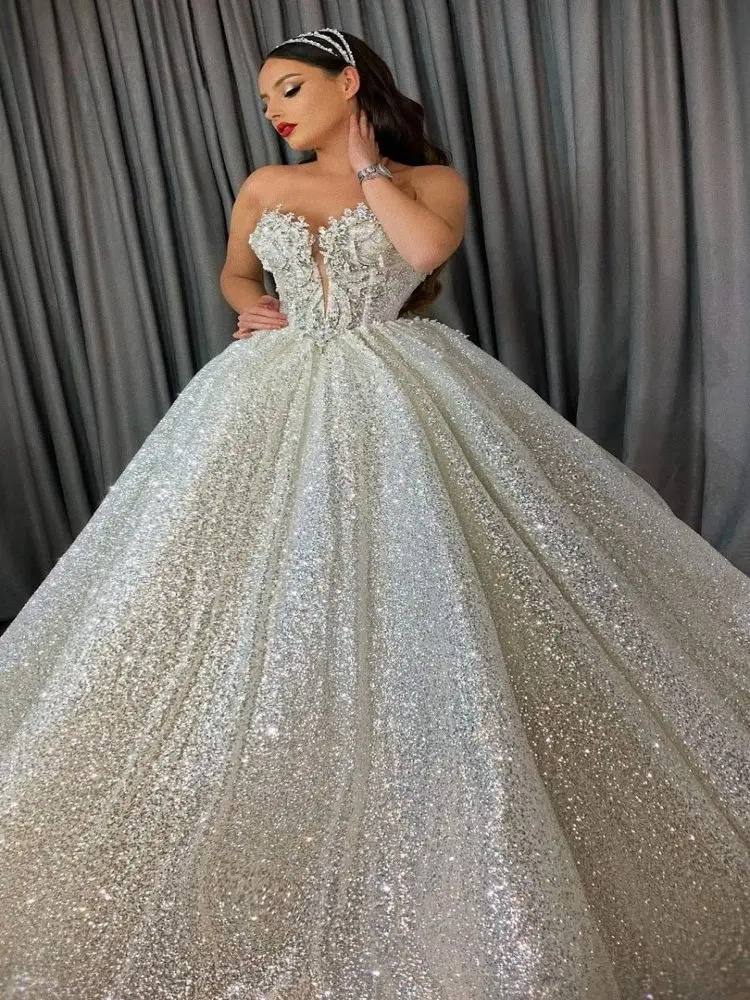 Strapless Sparkling Sequins Wedding Dress Shiny Beads Sleeveless Floor Length Custom Made Backless Bridal Gowns Vestido De Novia