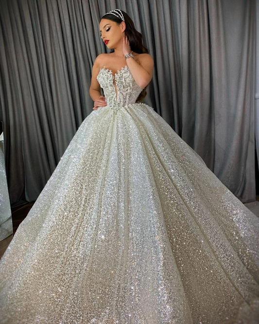 Strapless Sparkling Sequins Wedding Dress Shiny Beads Sleeveless Floor Length Custom Made Backless Bridal Gowns Vestido De Novia