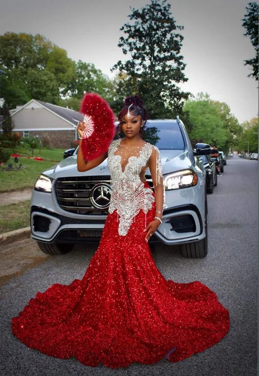 Red Sparkly Long Mermaid Prom Occasion Party Dresses for Black Girl Luxury Diamond Velvet Evening Birthday Gala Dress 2024