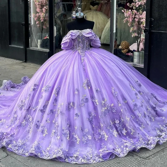 Saudi Arabic Princess Lilac Quinceanera Dresses 2024 Flowers Sweet 16 Dress Ball Gown Part Prom Wear Lace Up vestidos de 15 14