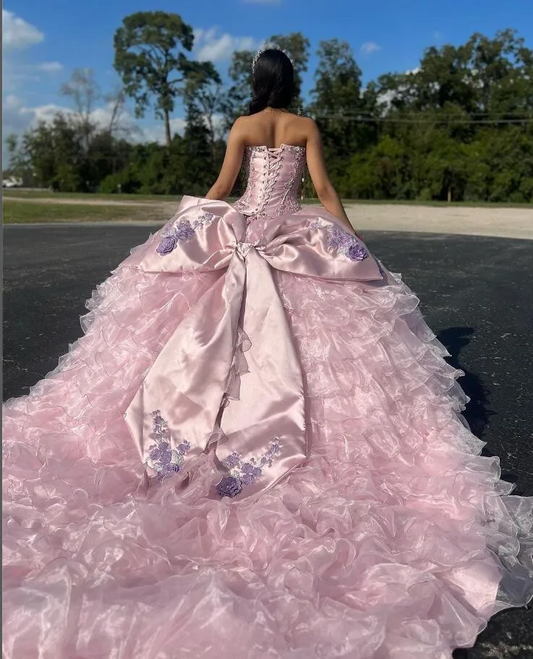 Purple Pink Charro Mmexican Quinceanera Dresses Floral Embroidery Ruffles vestidos de fiesta de 15 quinceañera Prom Dress Bow