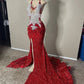 Sliver Appliques Red Sequin Halter Prom Dresses 2024 For Black Girls Slit Mermaid Cocktail Dress Elegant Formal Occasion Gowns