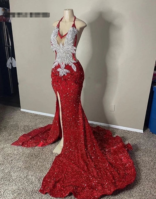 Sliver Appliques Red Sequin Halter Prom Dresses 2024 For Black Girls Slit Mermaid Cocktail Dress Elegant Formal Occasion Gowns
