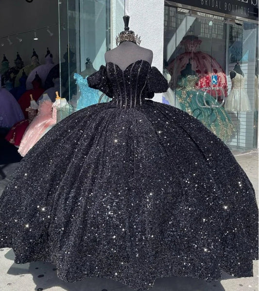 Glitter Black Ball Gown Princess Quinceanera Dress With Bow Sequins Sweet 16 Party Gown Vestidos De 15 Años Wedding Gowns