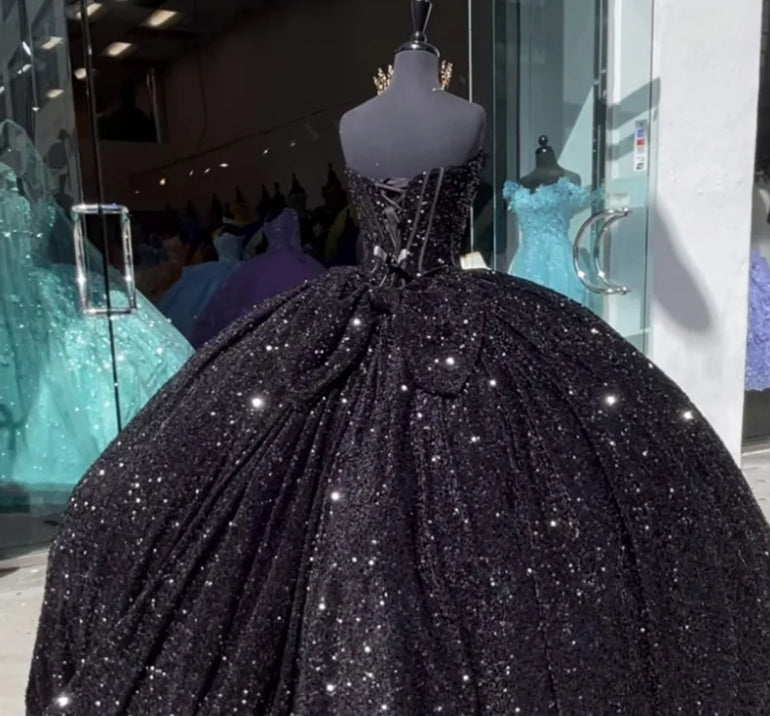 Glitter Black Ball Gown Princess Quinceanera Dress With Bow Sequins Sweet 16 Party Gown Vestidos De 15 Años Wedding Gowns