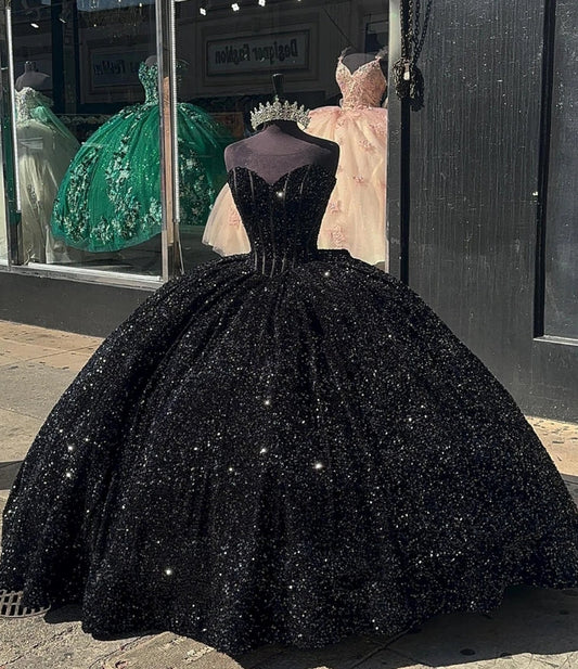 Black Sequin Corset Quinceanera Dresses With Bow Sweetheart Shinning Sweet 16 Dresses Ball Gown Birthday Gowns vestidos de 15