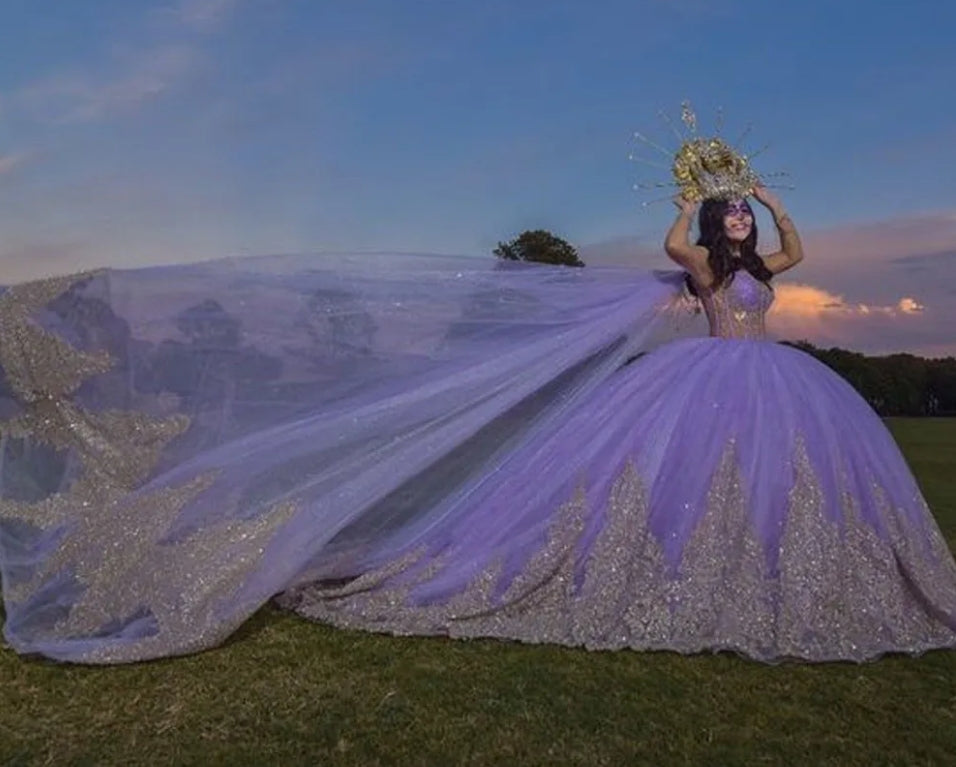 Lilac Spaghetti Strap Ball Gown Quinceanera Dresses Beaded Appliques Vestido De 15 Anos Quinceanera With Wraps