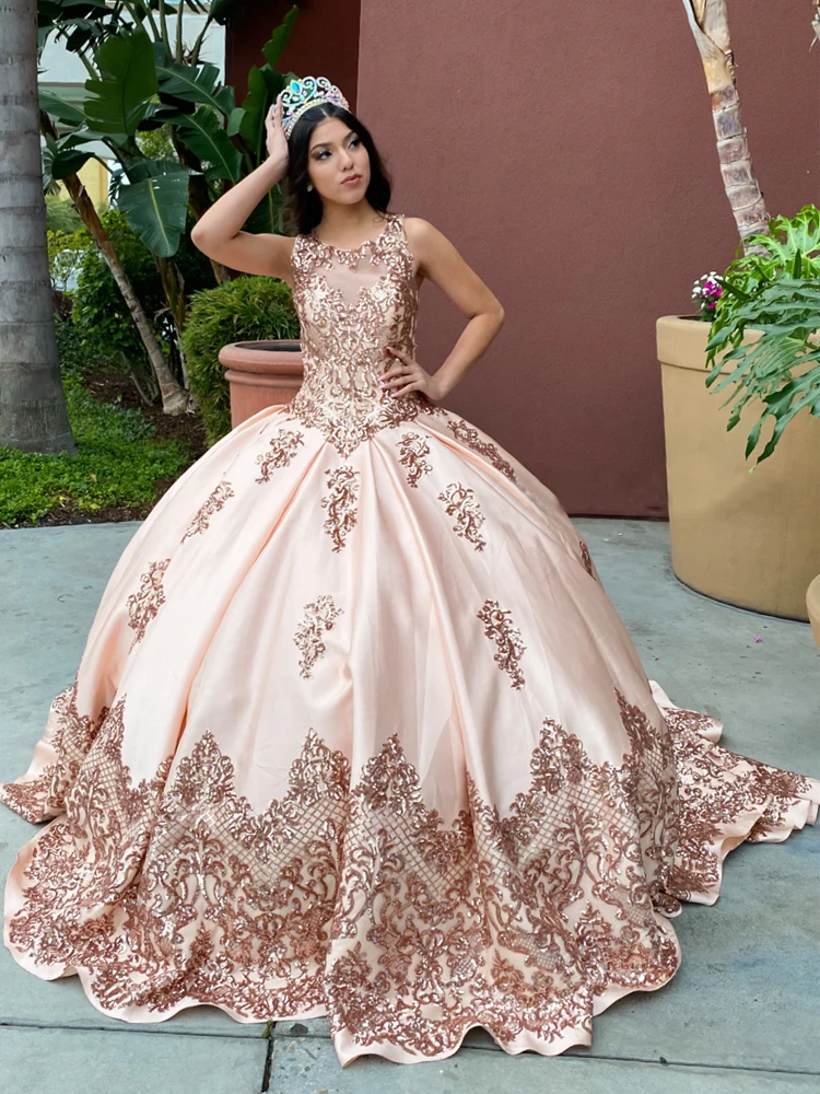 Rose Gold Quinceanera Dresses Sequin Applique Satin Vestidos De 15 Años Rojos Princess Ball Gown Debutante Quinceanera Dress