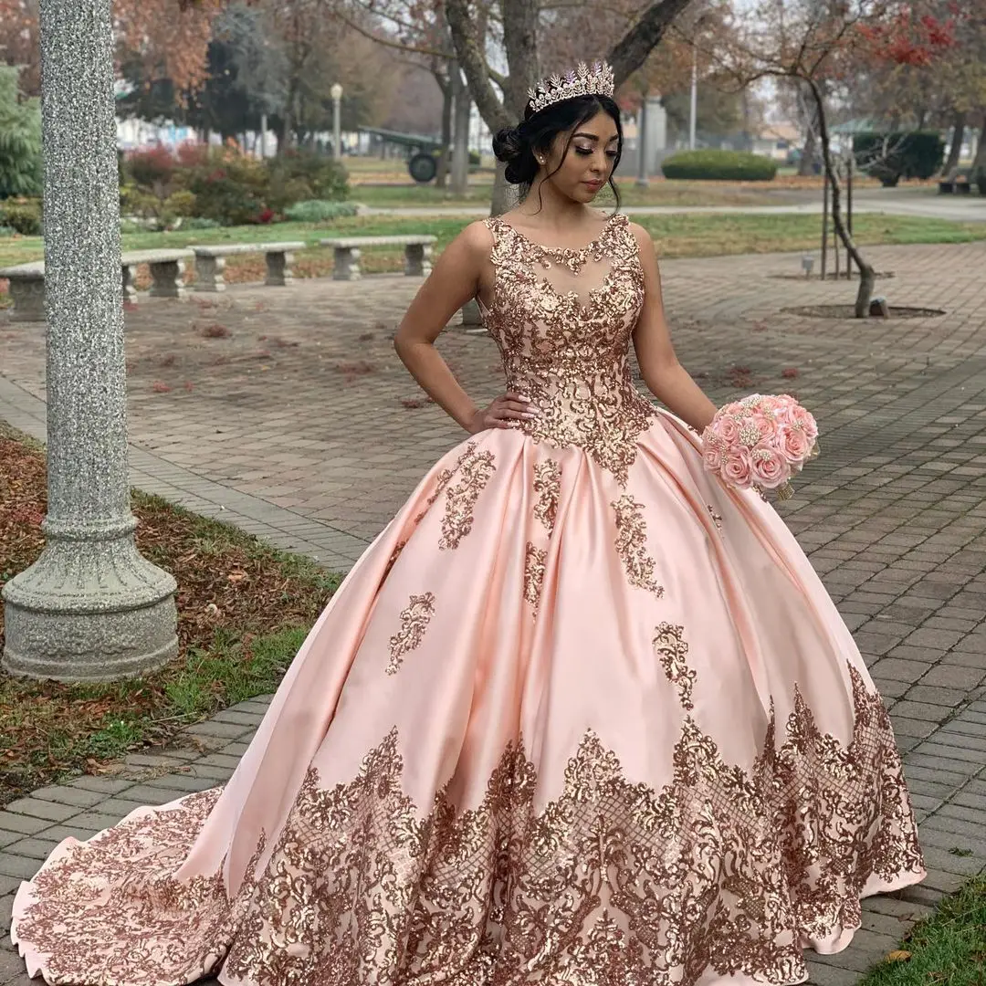 Rose Gold Quinceanera Dresses Sequin Applique Satin Vestidos De 15 Años Rojos Princess Ball Gown Debutante Quinceanera Dress