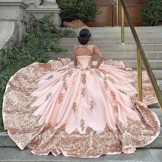 Rose Gold Quinceanera Dresses Sequin Applique Satin Vestidos De 15 Años Rojos Princess Ball Gown Debutante Quinceanera Dress