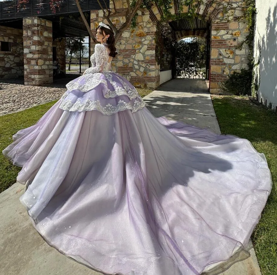 Lilac Lavender Prinncess Quinceanera Dresses Long Sleeve Gillter Applique Lace Peplum vestidos de 15 años quinceañeras 2024 lujo