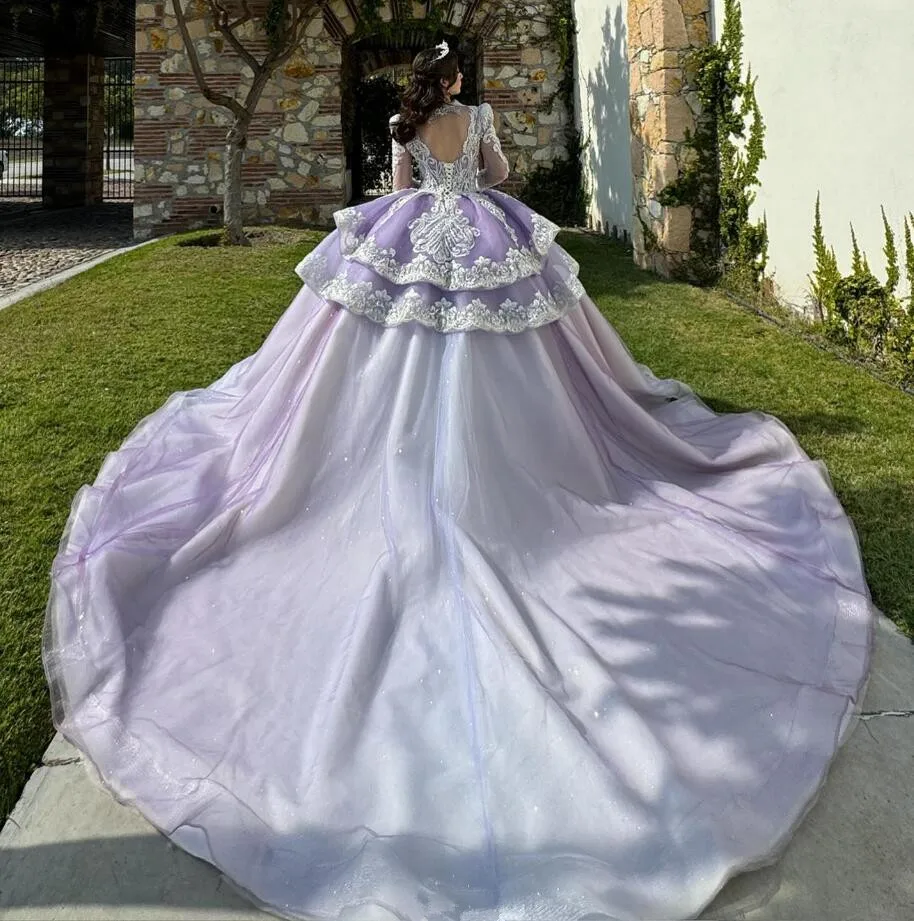 Lilac Lavender Prinncess Quinceanera Dresses Long Sleeve Gillter Applique Lace Peplum vestidos de 15 años quinceañeras 2024 lujo