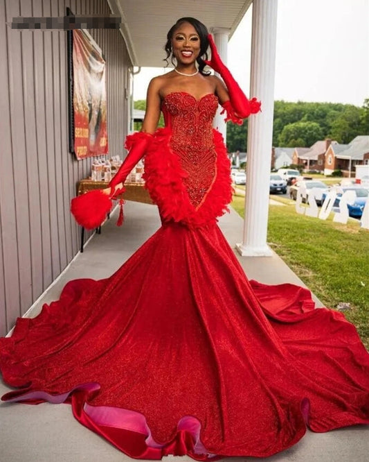 Red Luxury African Shinny Prom Dress For Black Girl With Glove Feathers Diamond Crystal Gillter Skirt Evening Formal Gown