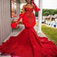 Red Luxury African Shinny Prom Dress For Black Girl With Glove Feathers Diamond Crystal Gillter Skirt Evening Formal Gown