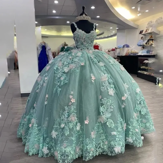 Sage Green Princess Ball Gown Quinceanera Dresses Spaghetti Strap 3DFlowers Appliques Sweet 16 Dress Lace-Up Vestidos De 15 Años