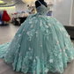 Sage Green Princess Ball Gown Quinceanera Dresses Spaghetti Strap 3DFlowers Appliques Sweet 16 Dress Lace-Up Vestidos De 15 Años