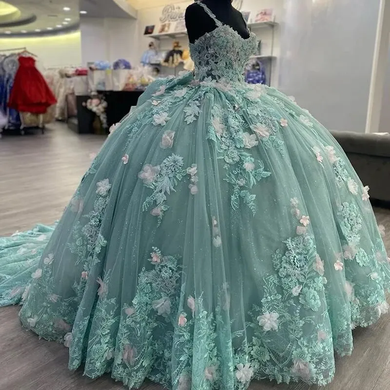 Sage Green Princess Ball Gown Quinceanera Dresses Spaghetti Strap 3DFlowers Appliques Sweet 16 Dress Lace-Up Vestidos De 15 Años