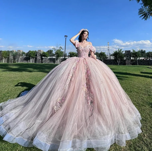 Blush Pink Princess Quinceanera Dresses Off Shoulder Ruffles 3D Floral Applique Corset Fairy vestidos de 15 años quinceañeras