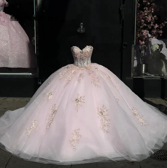 Cute Light Pink Wedding Lace Applique Ball Gown Quinceanera Dresses 2024 Beaded Sweet 16 Dress Birthday Vestido De 15 Anos