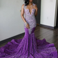 Purple Sparkly Long Mermaid Prom Birthday Gala Dresses for Black Girl 2024 Luxury Diamond Velvet Sequins Evening Ceremony Gown