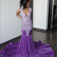 Purple Sparkly Long Mermaid Prom Birthday Gala Dresses for Black Girl 2024 Luxury Diamond Velvet Sequins Evening Ceremony Gown