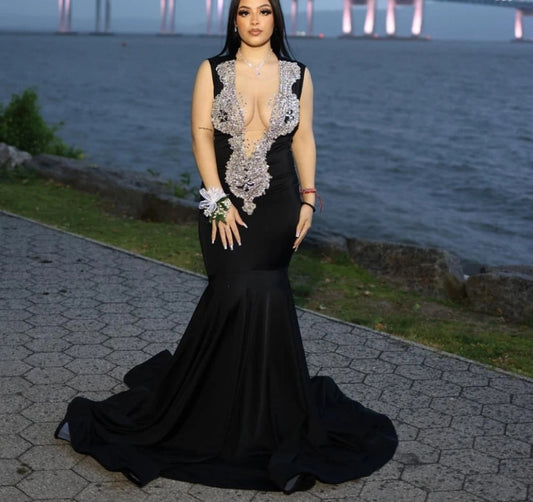 Sexy Black Velvet Mermaid Prom Dress For Black Girls 2024 Silver Rhinestone Beaded Party Gala Gown Robes De Soiree