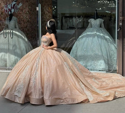 Sparkly Rose Gold Sweetheart Quinceanera Dresses Glitter Ball Gown Appliques Crystals Beads Sweet 15th Dress Prom Party
