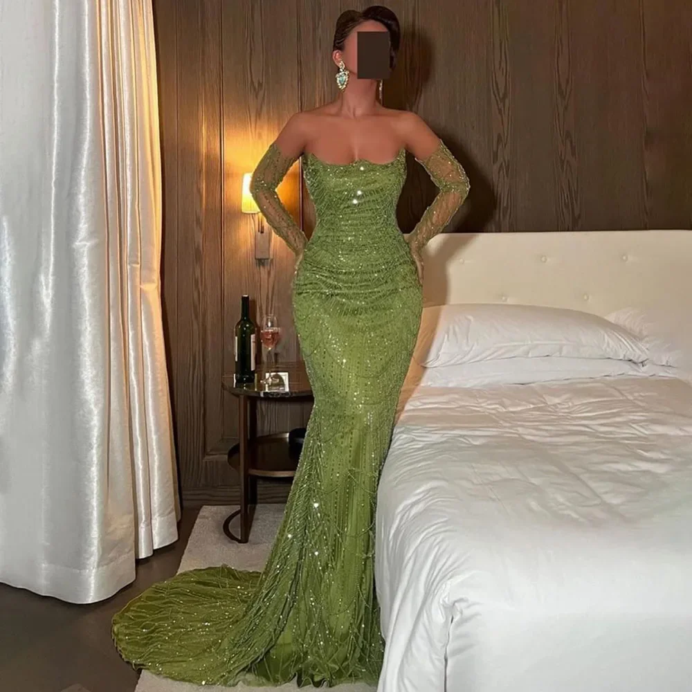 Dubai Luxury Olive Green Beaded Mermaid Evening Dress 2024 Sexy Strapless With Gloves For Women Party Gown