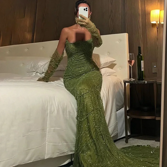 Dubai Luxury Olive Green Beaded Mermaid Evening Dress 2024 Sexy Strapless With Gloves For Women Party Gown
