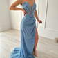 Light Blue vestidos de noche Heart Neck Mermaid Glitter Prom Dresses Elegant Floor-Length Side Split Formal Evening 2024