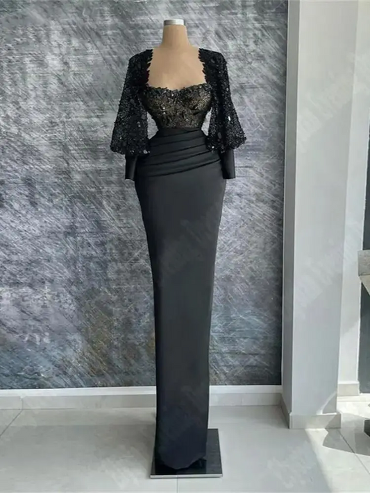 2024 Black Lace Long Sleeve Women Evening Dresses Sexy Soft Satin Formal Party Prom Gowns Newest Celebrity Ball Vestido De Noche