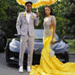 Luxury Yellow Flowers Train Rhinestones Luxury Prom Dress 2024 For Black Girls Junior Mermaid Dress Party Evening robe de bal