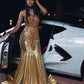 Sparkly Gold Long Prom Dress Black Girls Crystals Rhinestones Beaded Ruffles Birthday Party Gowns Robe De Soiree