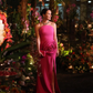 Elegant Fuchsia Stretchy Split Long Prom Dresses Big 3D Flower Sheath Strapless Women Maxi Dresses To Party