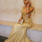 Gold Sequin Mermaid Prom Dress 2024 Blackgirls Rhinestones Crystal Birthday Party Gala Gowns Vestidos De Festa