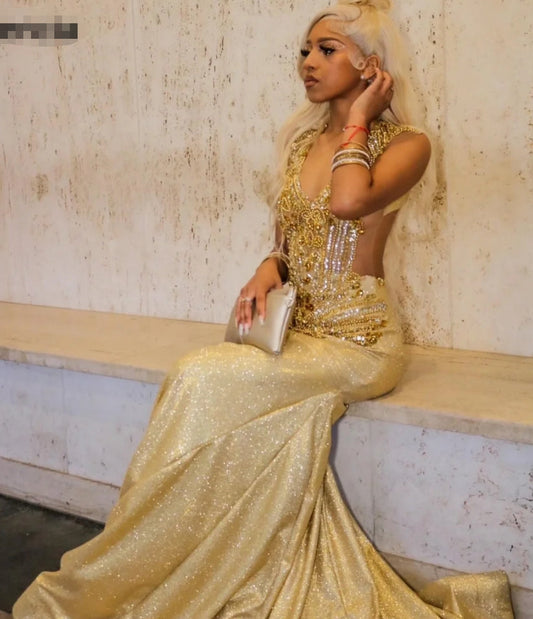 Gold Sequin Mermaid Prom Dress 2024 Blackgirls Rhinestones Crystal Birthday Party Gala Gowns Vestidos De Festa