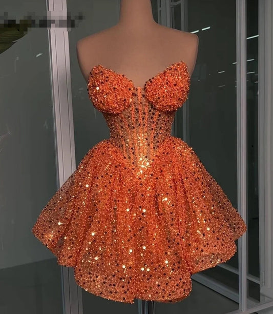 Glitter Orange Sweetheart Prom Dresses 2024 Beads Sequins Pearls Luxury Cocktails Dress Homecoming Birthday Party Gowns