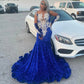 Sparkly Royal Blue Sequins Prom Dress Black Girls Silver Crystals Rhinestones Beaded Birthday Party Gala Gowns