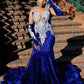 Sparkly Royal Blue Sequins Prom Dress Black Girls Silver Crystals Rhinestones Beaded Birthday Party Gala Gowns