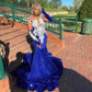 Sparkly Royal Blue Sequins Prom Dress Black Girls Silver Crystals Rhinestones Beaded Birthday Party Gala Gowns