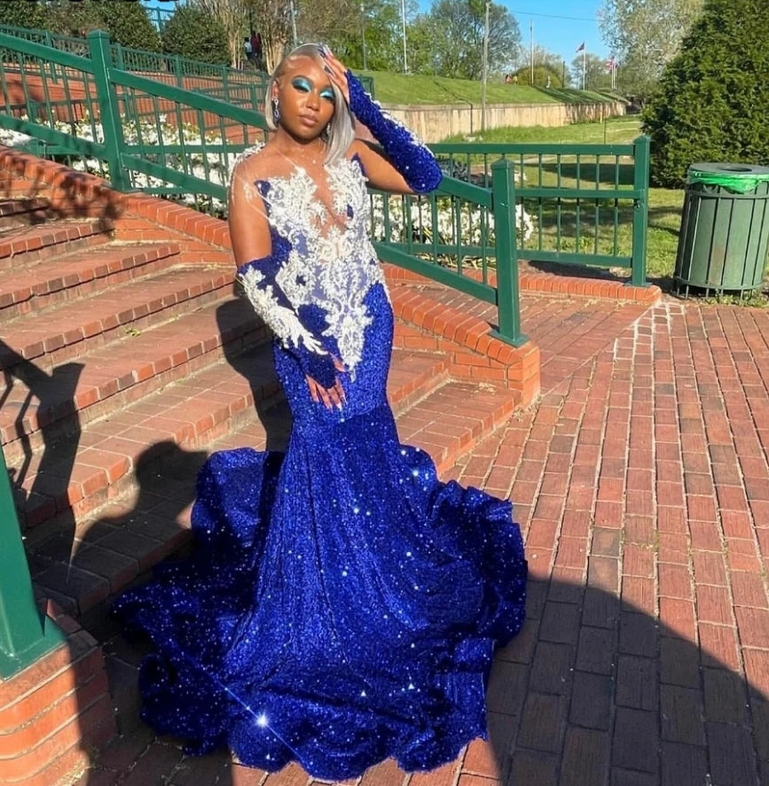 Sparkly Royal Blue Sequins Prom Dress Black Girls Silver Crystals Rhinestones Beaded Birthday Party Gala Gowns